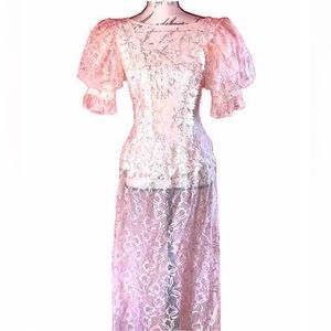 🌸Vintage Romantic Balletcore Pink Lace Puff Sleeve Dre…